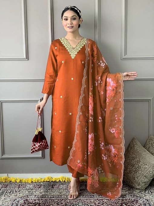 Women Rust Plus Size Printed Ethnic Kurta Top Trouser Pants, Festive Dress Eid