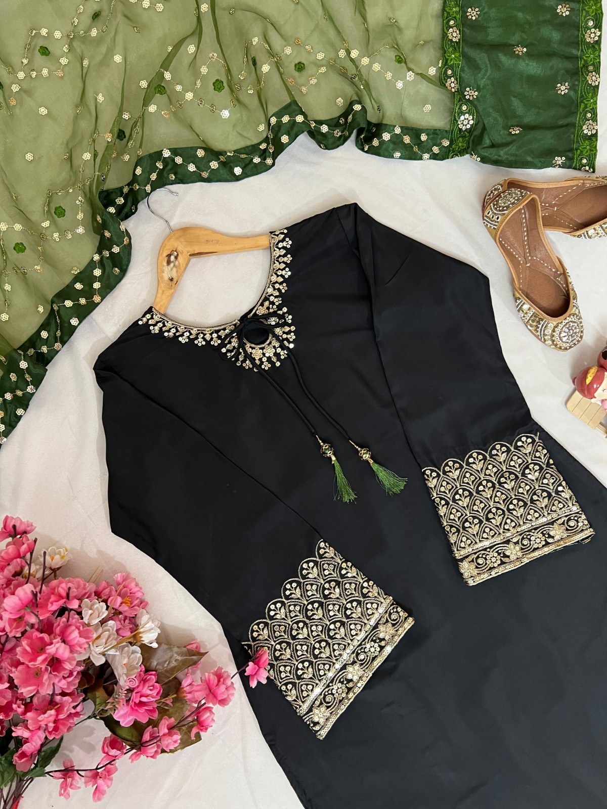 Designer French Crepe Silk Kurti Pant Set with Embroidered Organza Dupatta