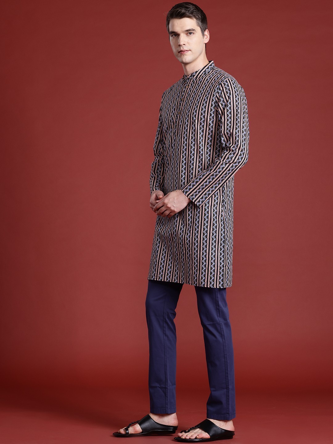 Men’s Black & Beige Printed Cotton Kurta – Geometric, Mandarin Collar – S to XXL
