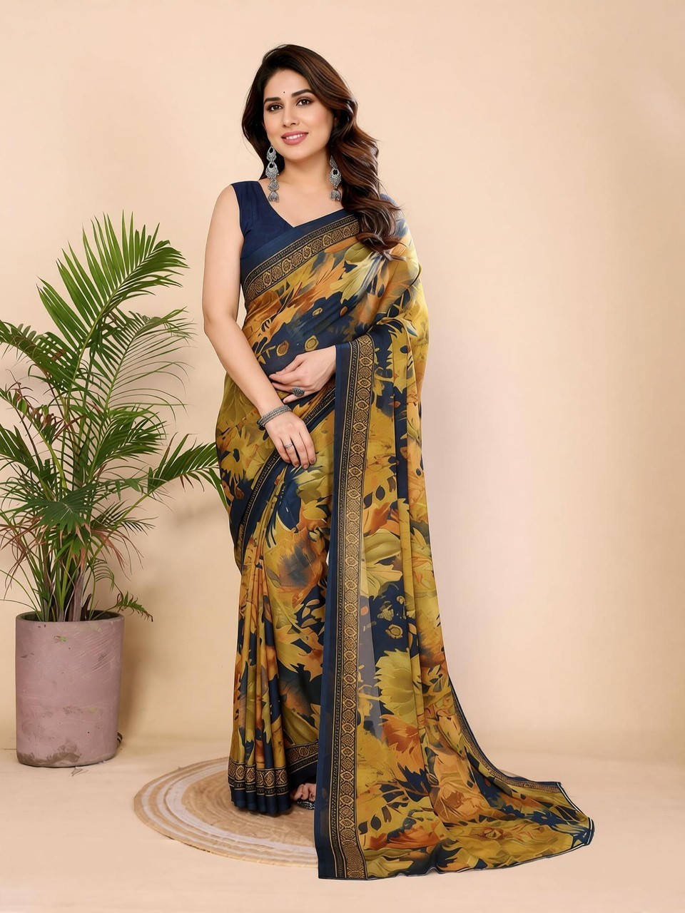 Floral Print Daily Wear Georgette Saree (Blue)