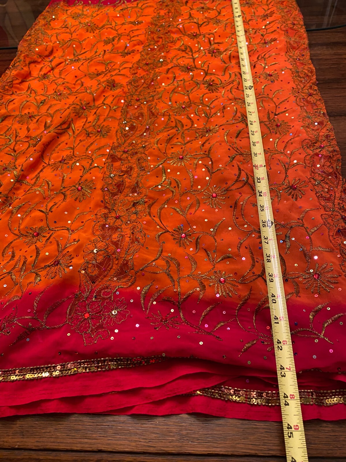 Vintage SARI Wrap ORANGE SHeer Chiffon Embroidery SEQUIN Fabric 6 yds 45″ Red
