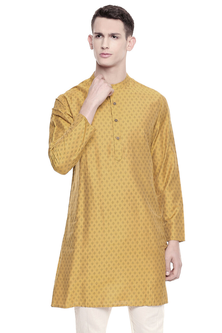 In-Sattva Men’s Mandarin Collar Micro Dobby Fine Print Mustard Kurta Tunic