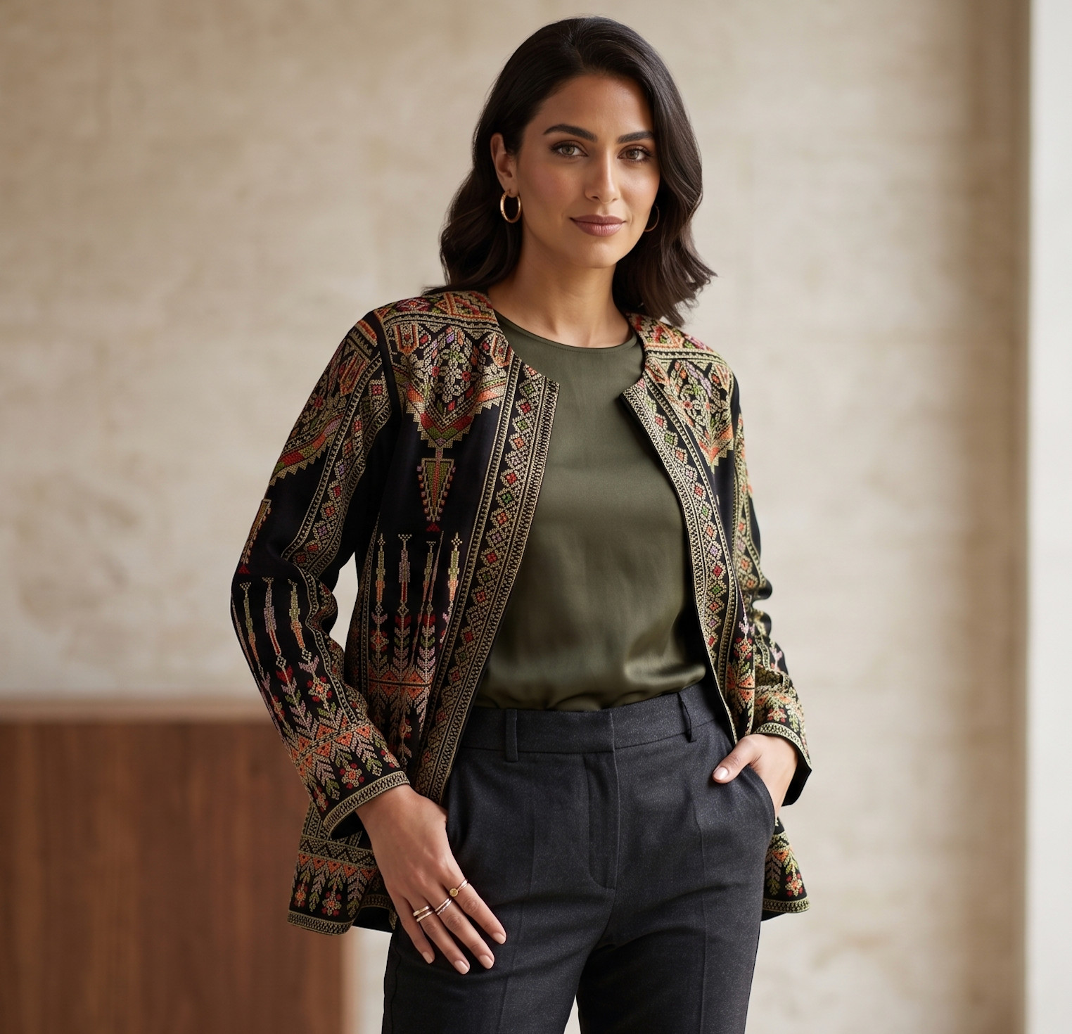 Palestinian Tatreez Jacket – Multicolored Embroidered Open-Front Cardigan–Blazer