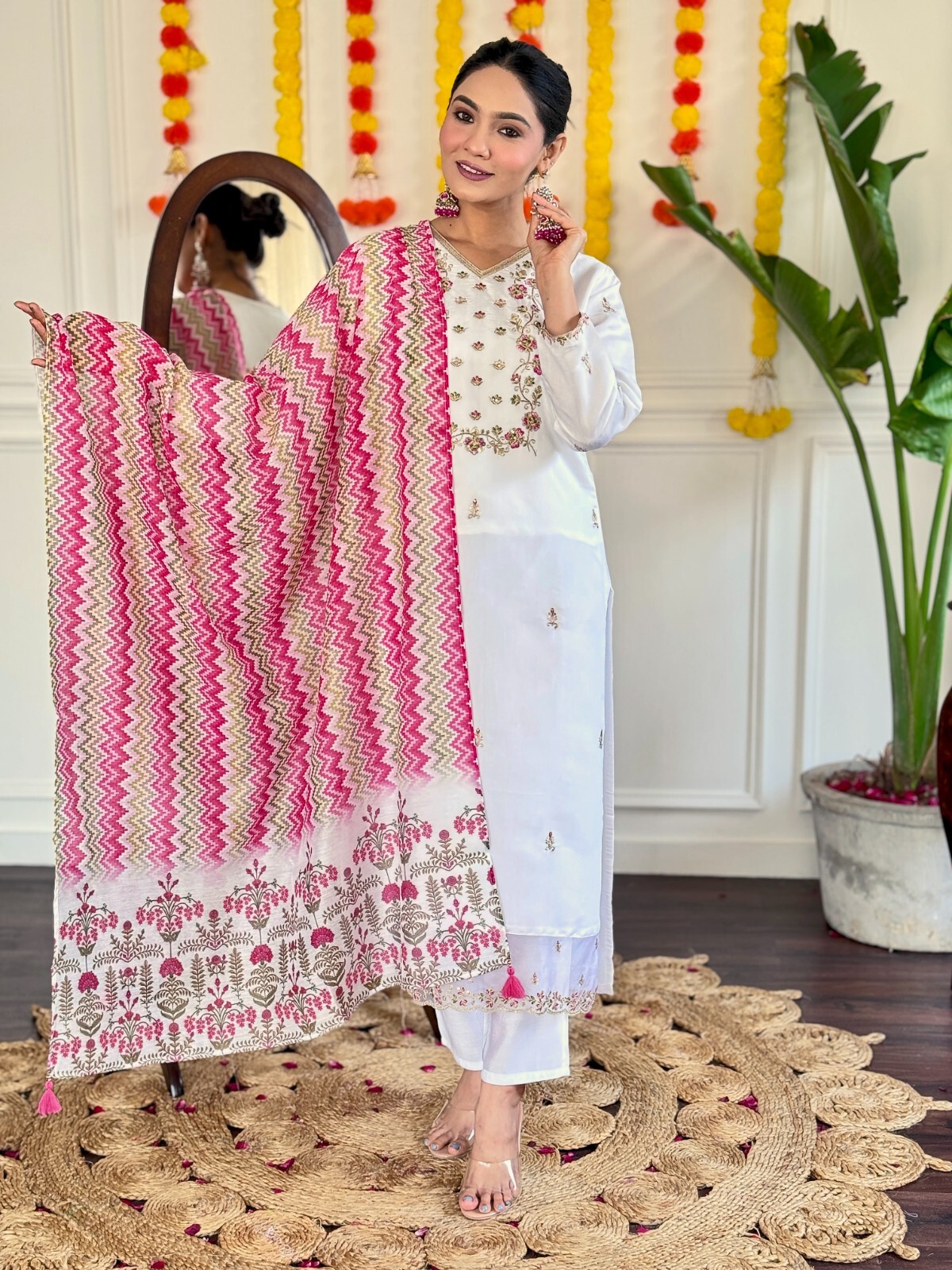 Women’ s Viscose Chanderi Embroidery Kurta with Pant & Dupatta