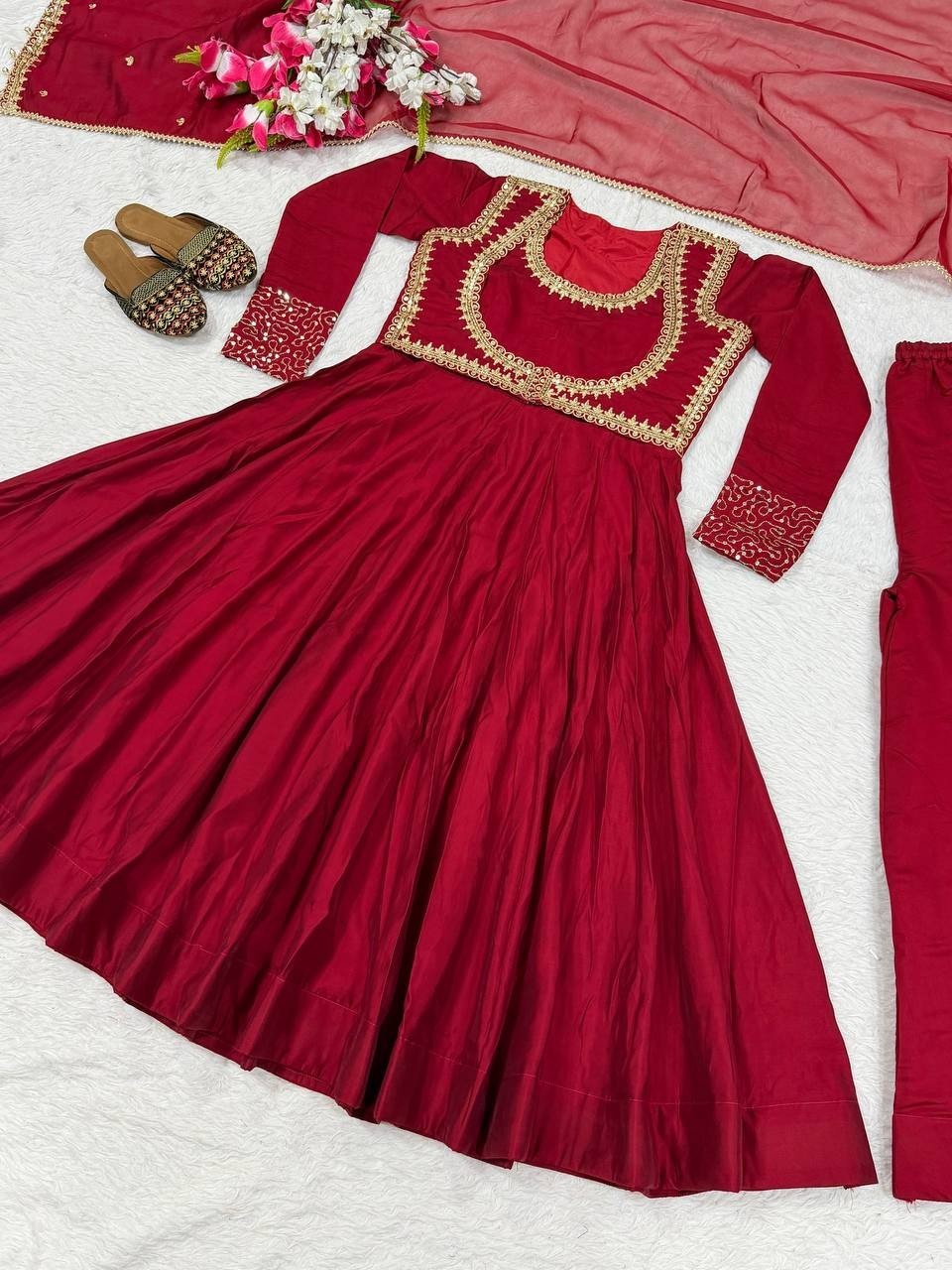 Unique Designer Roman Cotton Anarkali Suit With Dupatta For Wedding Wear