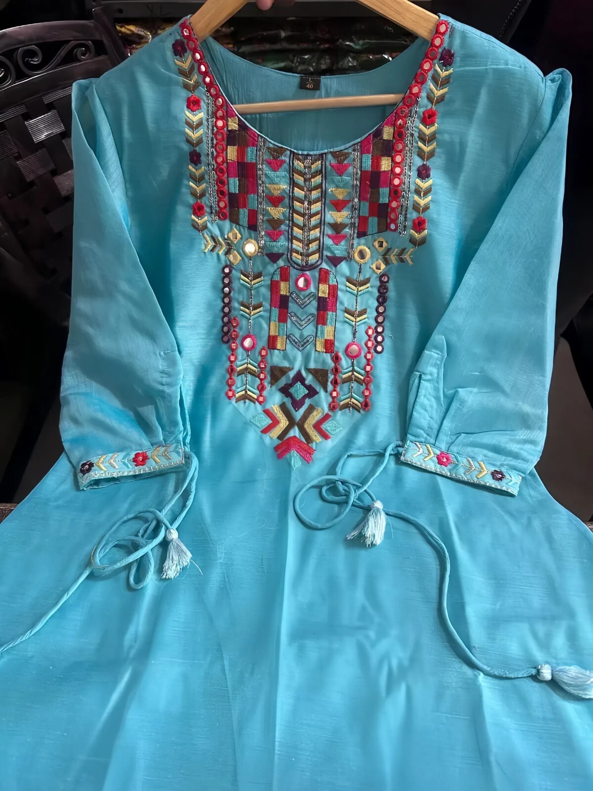 Chanderi Suit Set with Palazzo, Traditional Ethnic Wear With Tassel Details