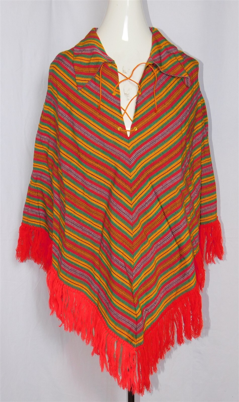 Vtg S.C. VIZCARRA Woven Multi-color Striped Lace Up Collared Cape Poncho Sz M