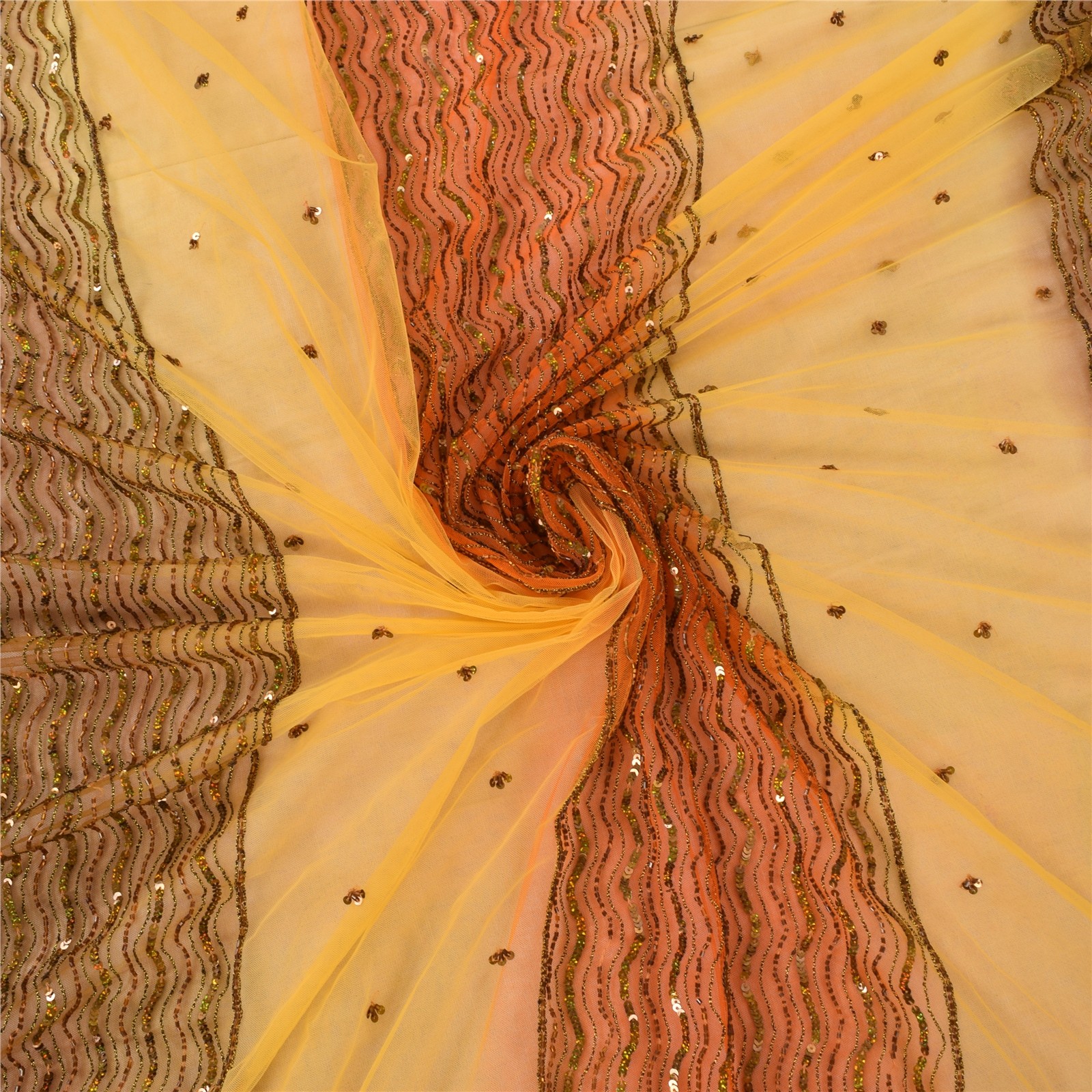 Sanskriti Vintage Yellow/Orange Sarees Net Mesh Hand Beaded Ethnic Sari Fabric