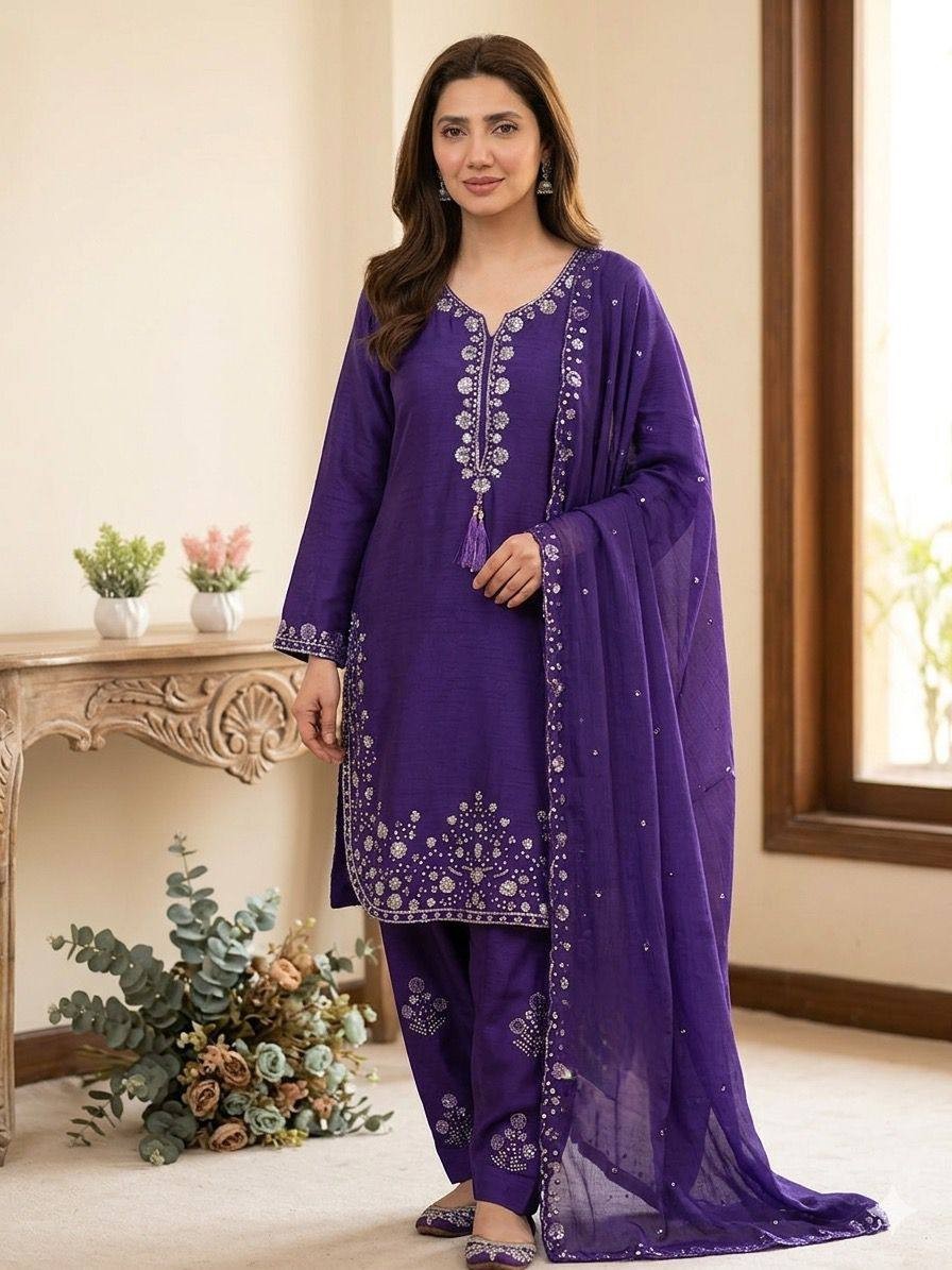 Latest Beautiful Chinon Silk Purple Salwar Kameez With Dupatta For Festival Wear