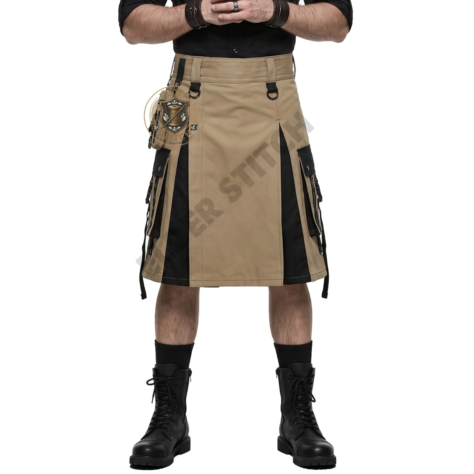 Men’s Utility Kilt Tan Black Cargo Cotton Tactical Hybrid Kilt for Festivals