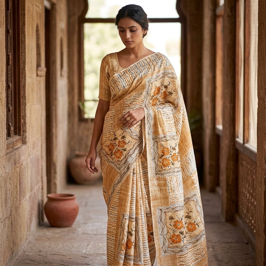 Sanskriti Vintage Saree Brown-White Pure Crepe Floral Print Sari 5.5+Yard Fabric
