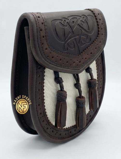 Men’s Scottish Sporran Brown Leather White Fur Highland Kilt Accessory