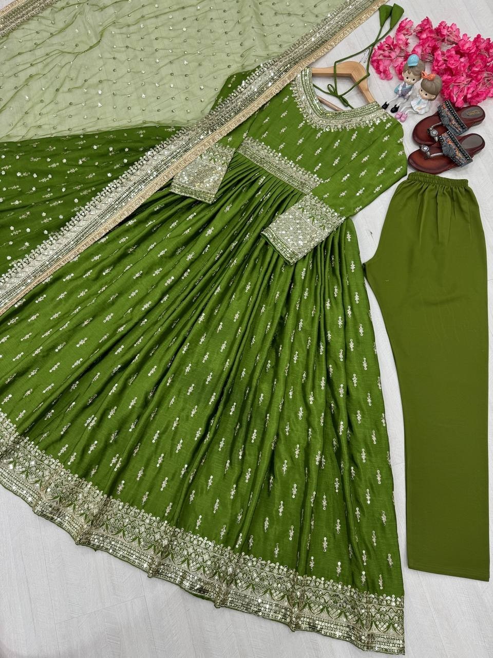 New Festival Wear Green Chinon Silk Salwar Kameez With Dupatta For Women