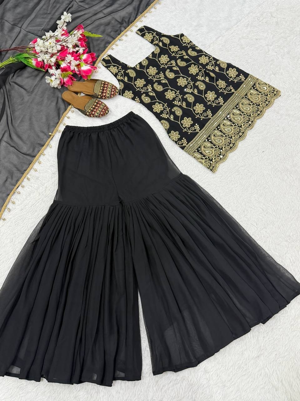 Designer Black Faux Georgette Kurta Palazzo With Dupatta For Wedding Wear
