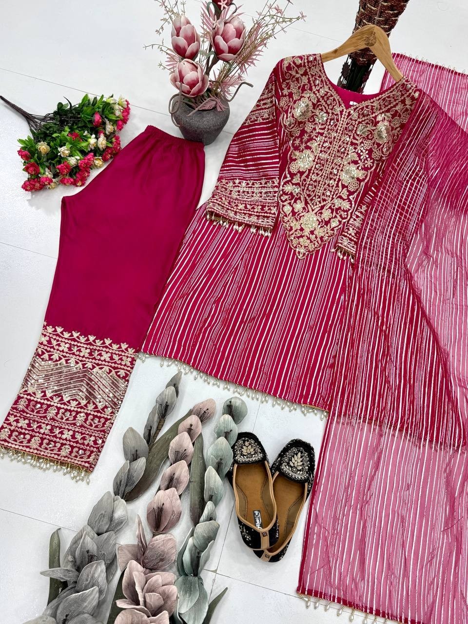 New Designer Nylon Pink Top Palazzo With Dupatta For Women Party Wear