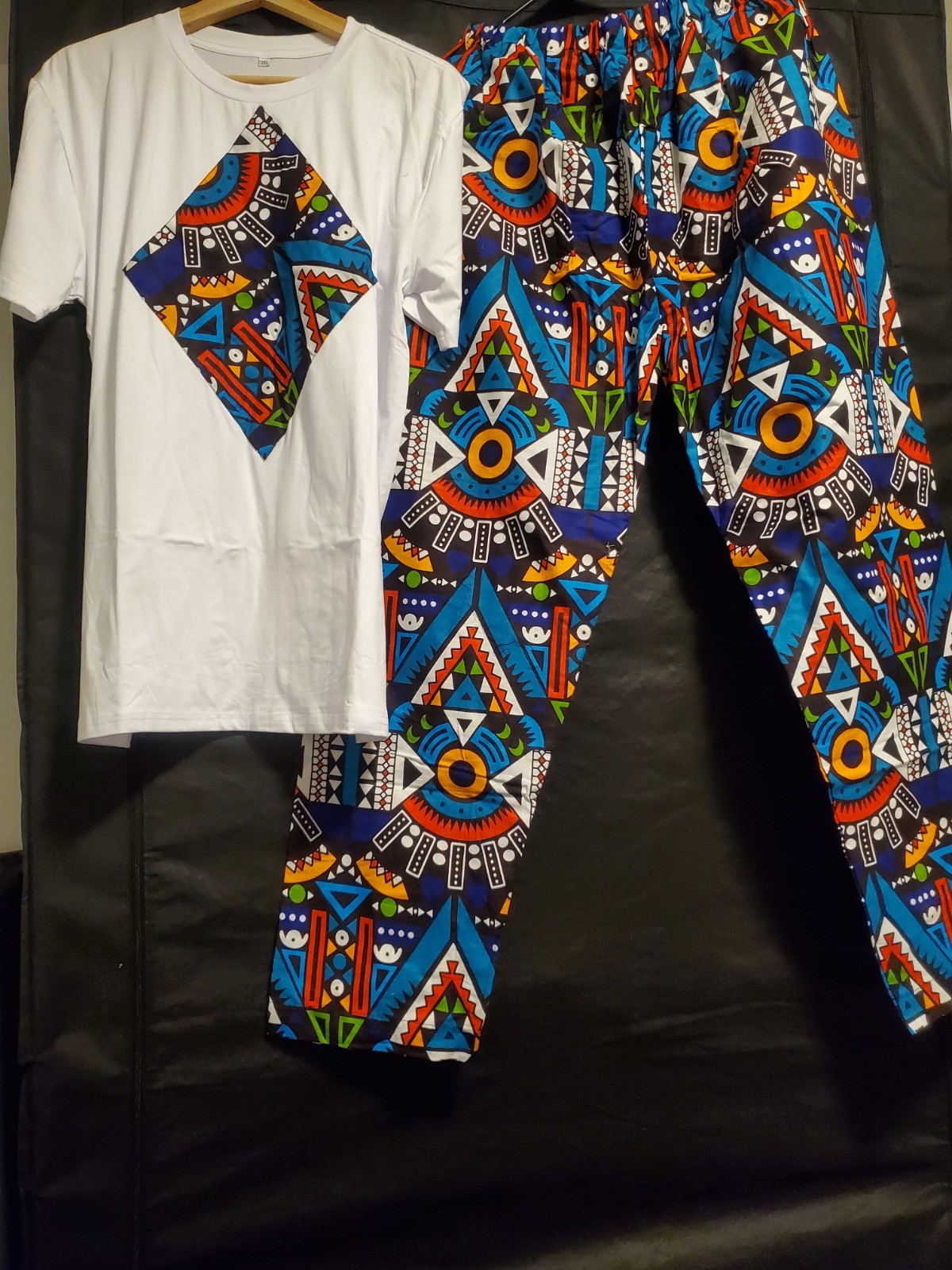 2-Piece African Dashiki Print Lounge Set White Asymmetric – Blue XXL (Fits XL)