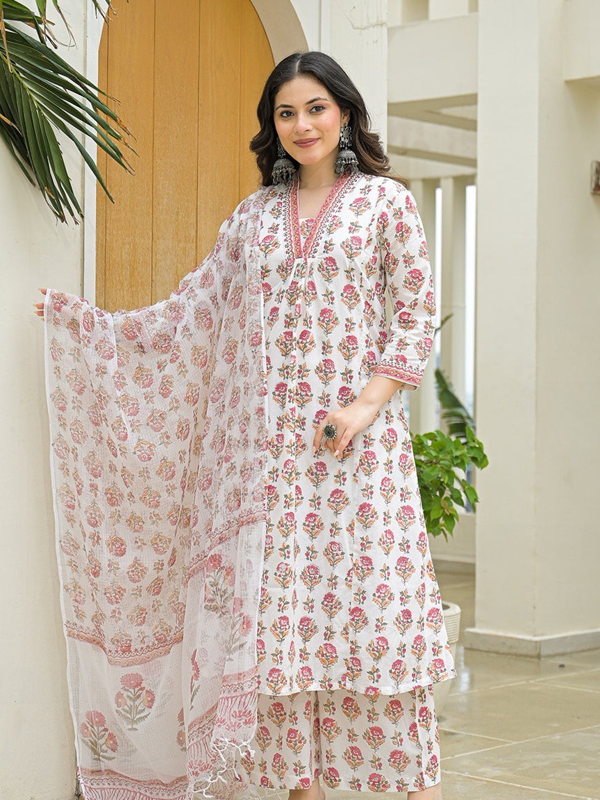 White Cotton Hand Block A-Line Kurta Pant Set with Dupatta Plus Size XS-7XL