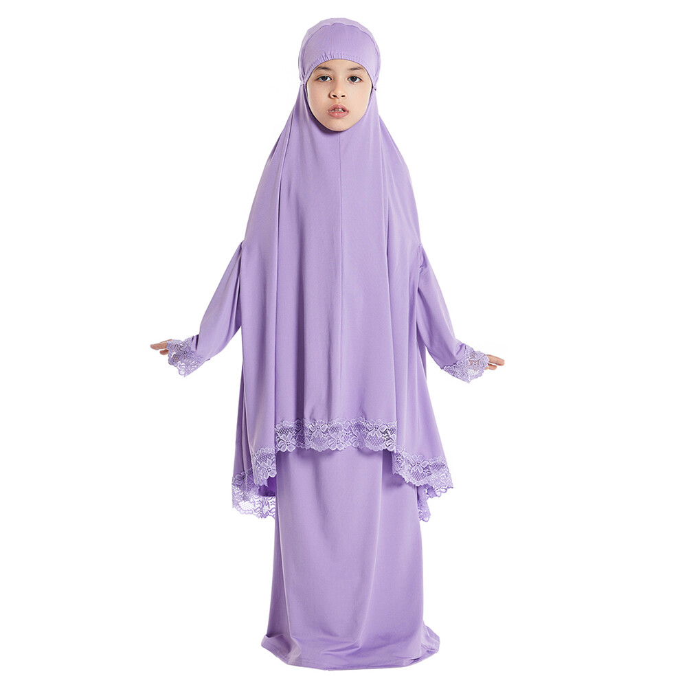 Two Piece Girls Kids Overhead Khimar Hijab Skirt Set Muslim Girls Prayer Dress