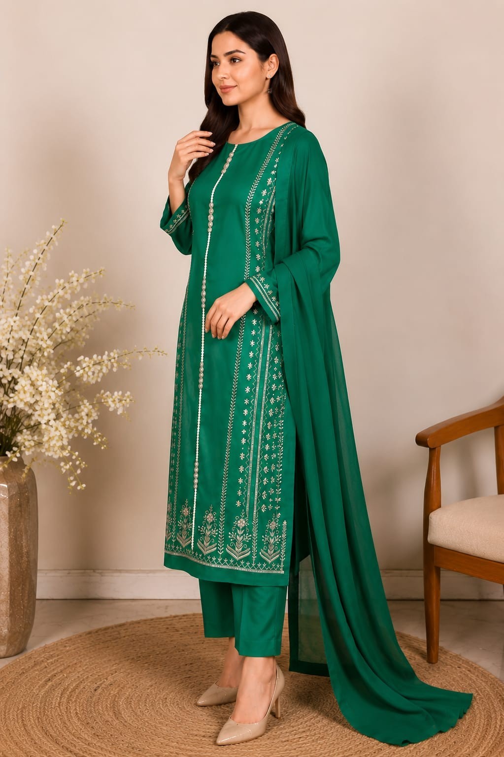 Luxury Emerald Green Crepe Hand Embroidered Salwar Suit Set with Organza Dupatta