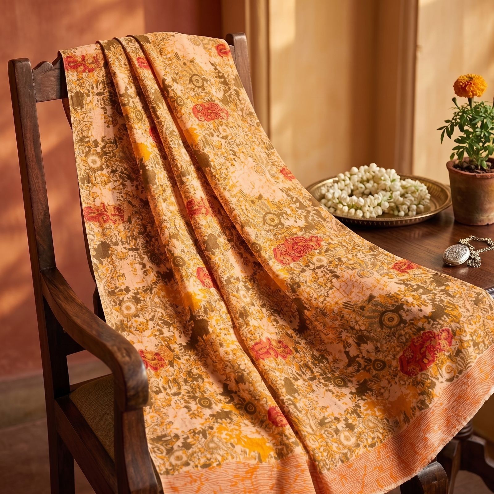 Sanskriti Vintage Saree Yellow Pure Georgette Abstract Print Sari 5.5Yard Fabric