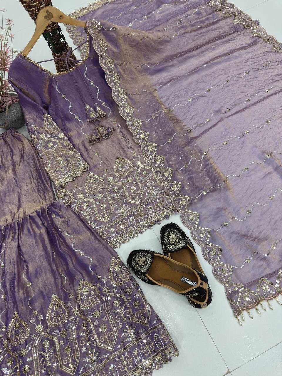 Heavy Satin Purple Top Palazzo With Dupatta For Wedding & Party Wear
