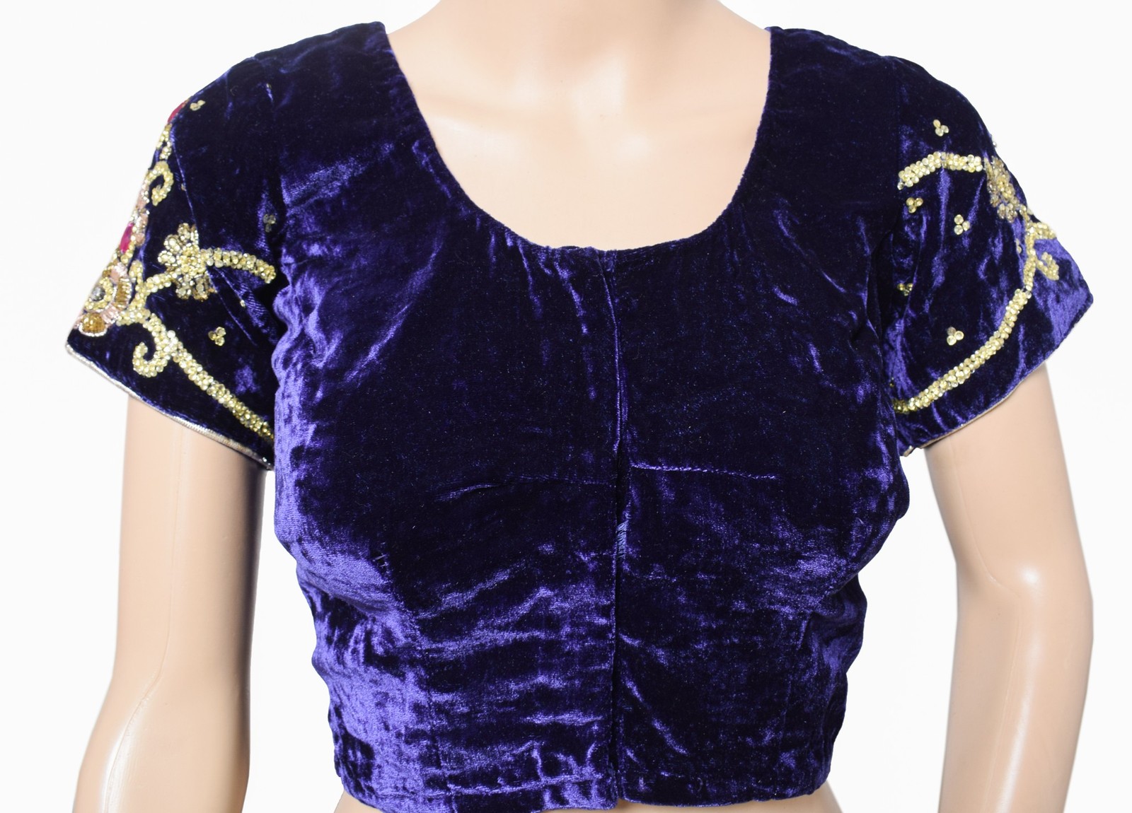 Sushila Vintage Velvet Blue Sari Blouse Beaded Stone Work Designer HEAVY Top 38″