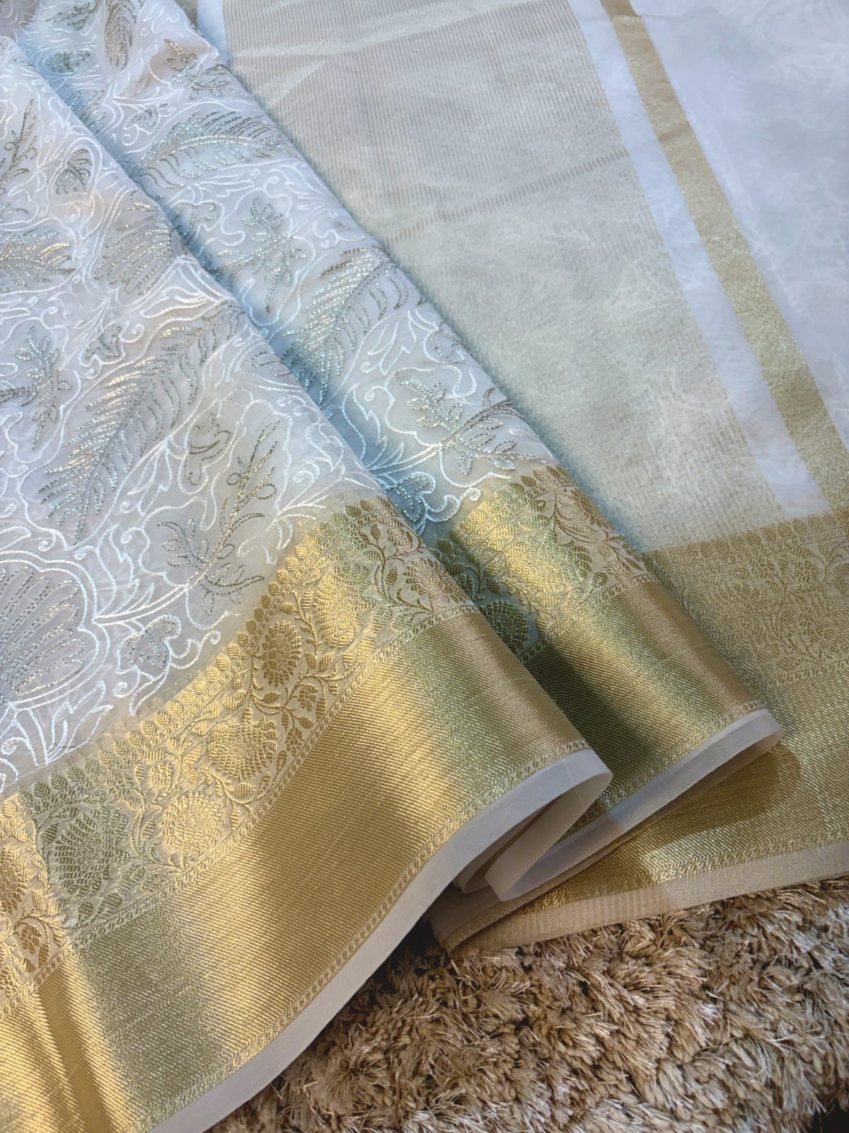 Banarasi Semi Organza Soft Silk Saree Chikankari Embroidery Zari Border Gold