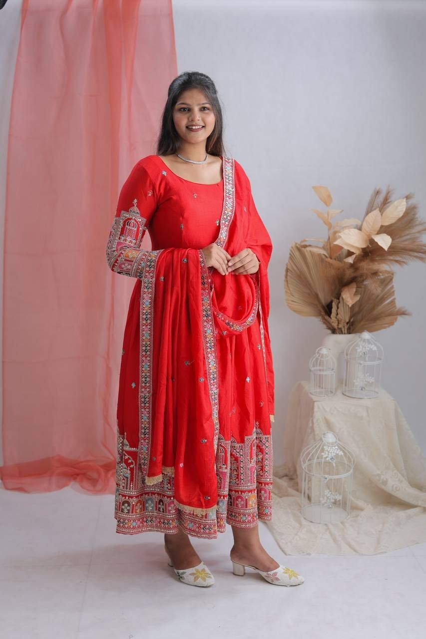 Stylish Red Chinnon Silk Salwar Kameez With Dupatta For Indian Reception Wear