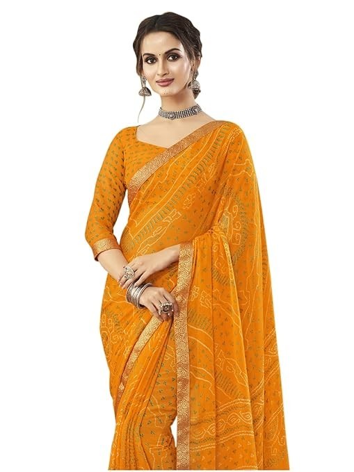 Women’s Bandhani Printed & Lace Chiffon Saree with Blouse