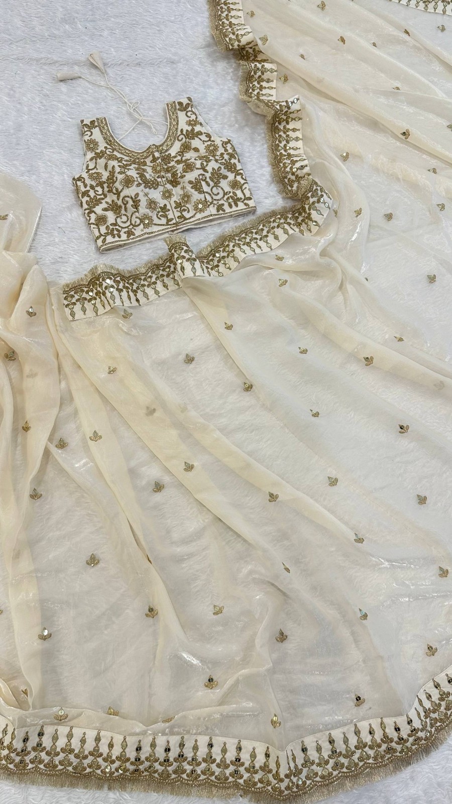 Stunning Look Glass Satin Silk Off White Saree With Blouse For Function Wear