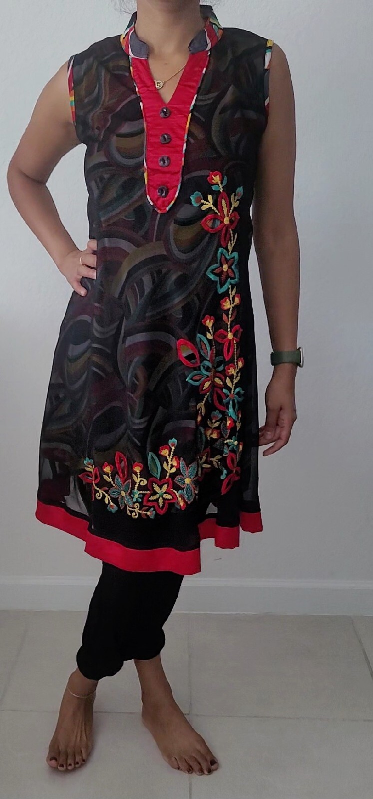 Black Sleeveless Kurti With Multicolor Embroidery Work In Size Small- 1 Piece