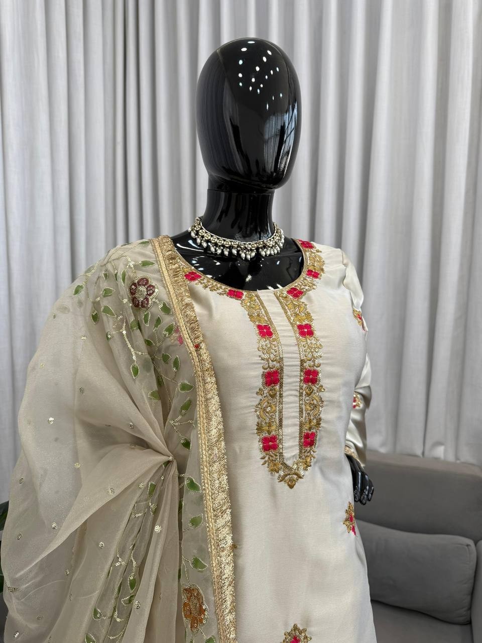 Presenting Japan Satin Silk Grey Top Palazzo With Dupatta For Festival Wear