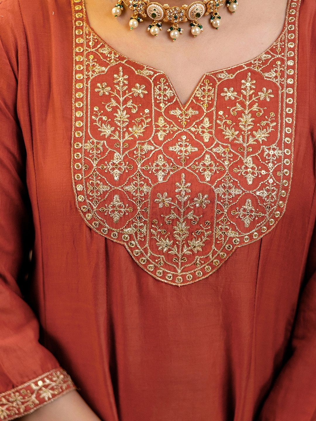 Women Rust Orange Anarkali Kurta Set with Dupatta | Embroidered Ethnic Suit |