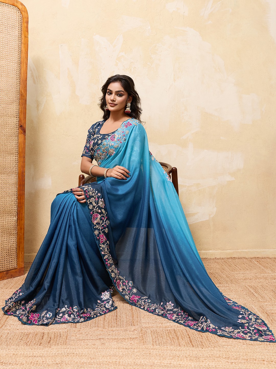 Indian Ethnic Georgette Saree Embroidered Cutwork Border Party Wear Indian Sari