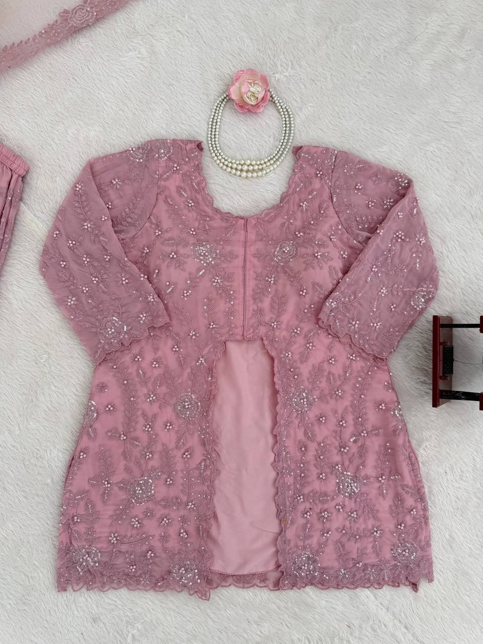 Attractive Look Light Pink Faux Georgette Top Palazzo With Dupatta For Reception