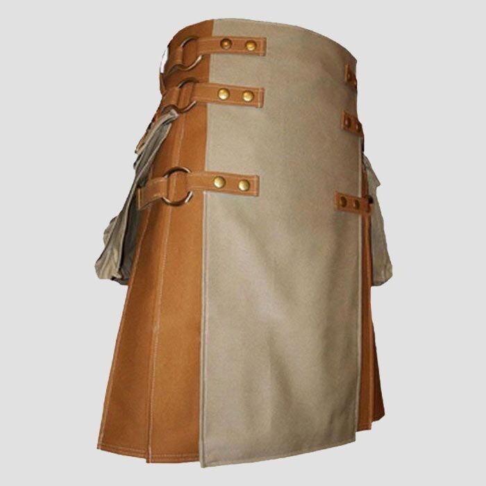 Men’s Scottish Brown Utility kilt Front Apron Khaki Color is made of Cotton