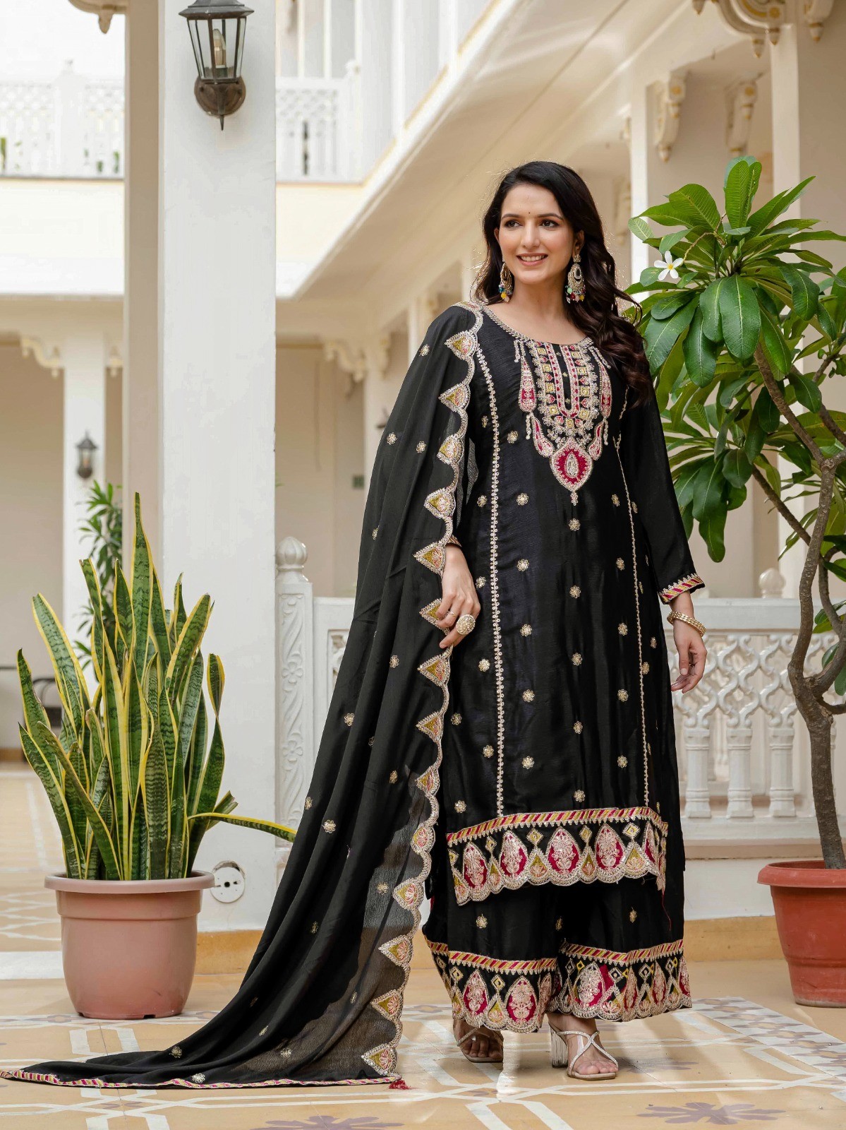 Attractive Designer Pure Chinon Silk Kurta Palazzo With Dupatta For Party Wear