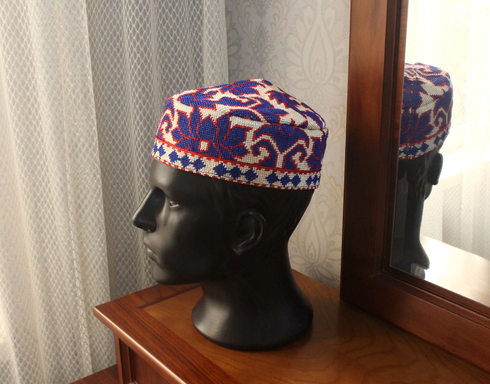 Uzbek Embroidered Skull-cap 23.2″/59cm Traditional Kufi Hat Ethnic Doppa Unisex
