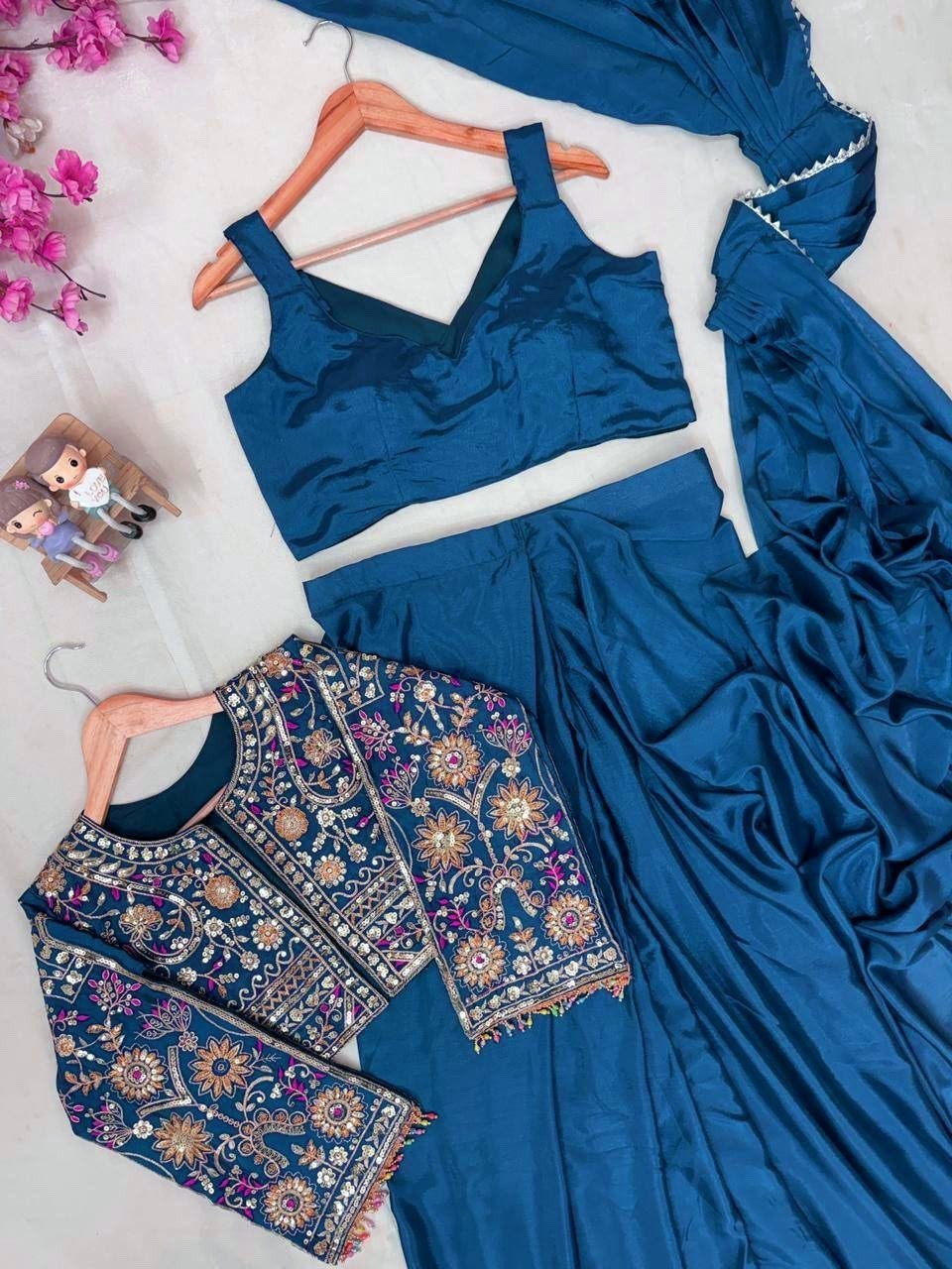 Designer Teal Blue Embroidered Jacket Palazzo Set Indian Festive Wedding Outfit