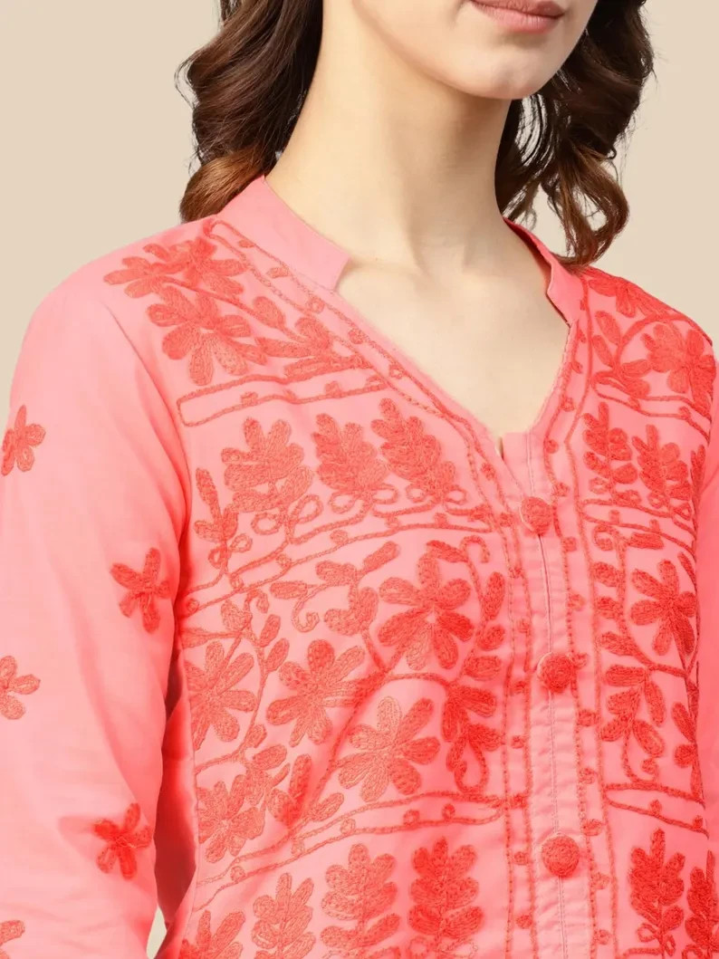 Peach Chikankari Cotton | Wool Thread Hand Embroidered Indian Kurti For Women
