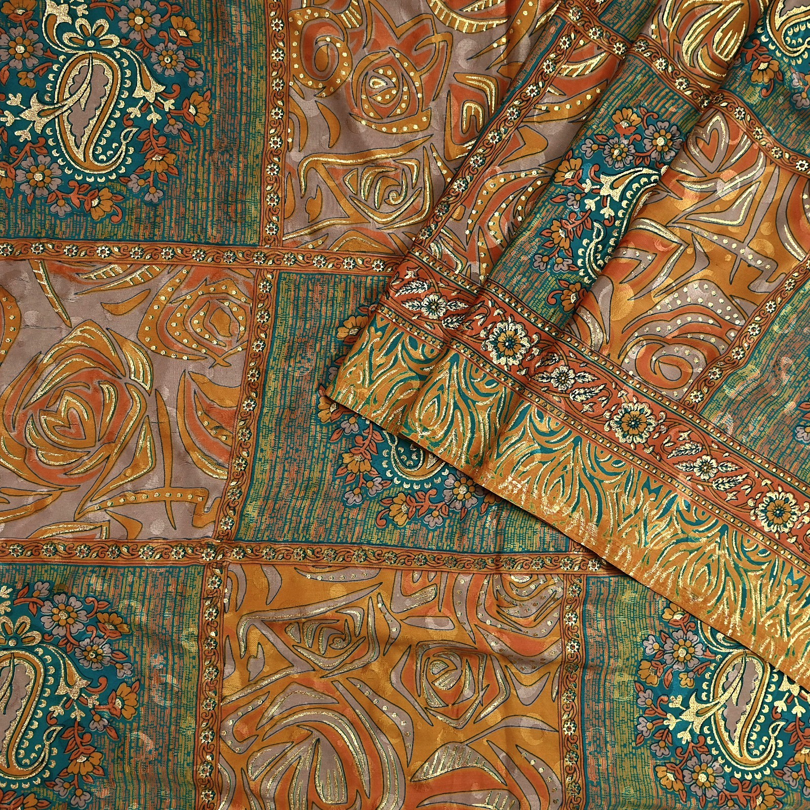 Indian Vintage Sari Moss Crepe Printed/Painted Saree Floral 5 Yards Soft Fabric