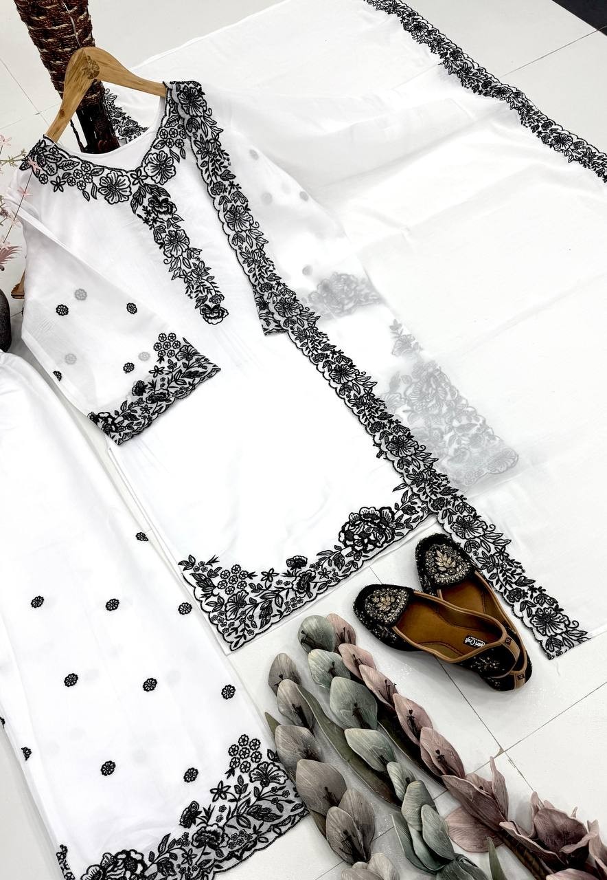 Fancy Designer White Mal Chanderi Kurta Palazzo With Dupatta For Wedding Wear