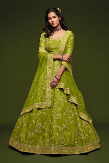 New Designer Lime Green Art Silk Lehenga Choli With Fancy Dupatta For Reception