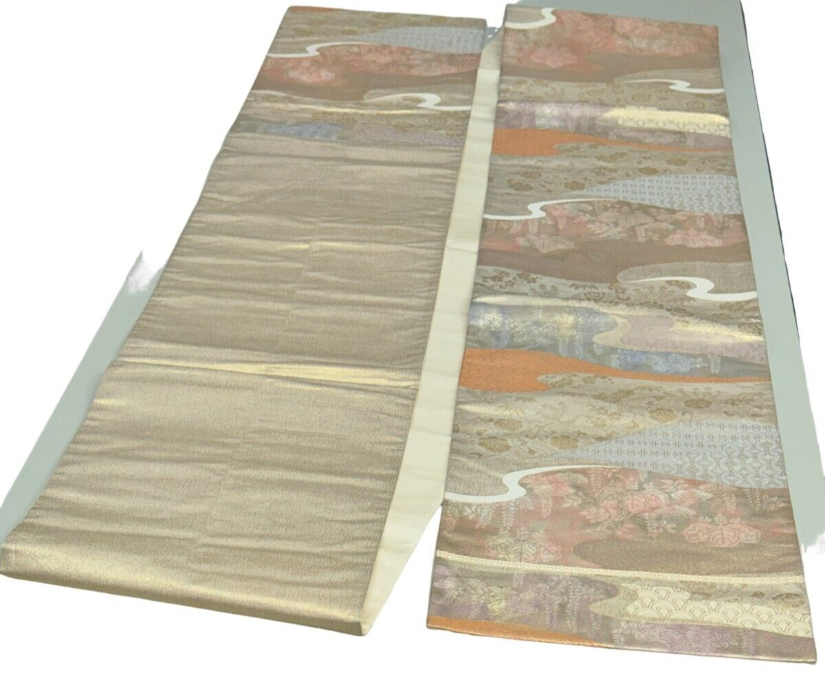 Japanese Vintage Kimono Fukuro Obi silk Gold expensive Tradition 170×12.2in