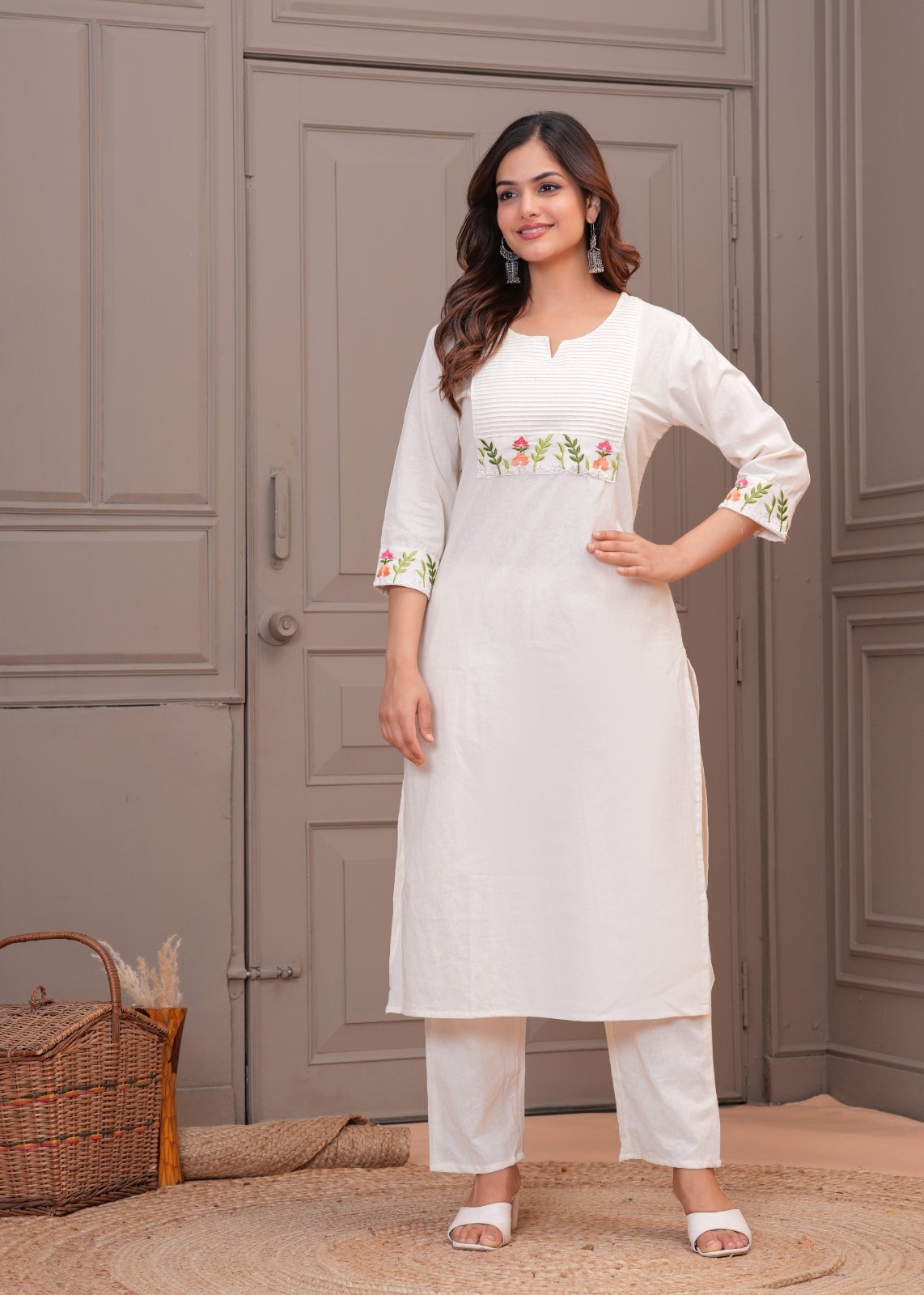 Women’s White Embroidered Straight Kurti | Elegant Daily & Office Wear (NF-52)
