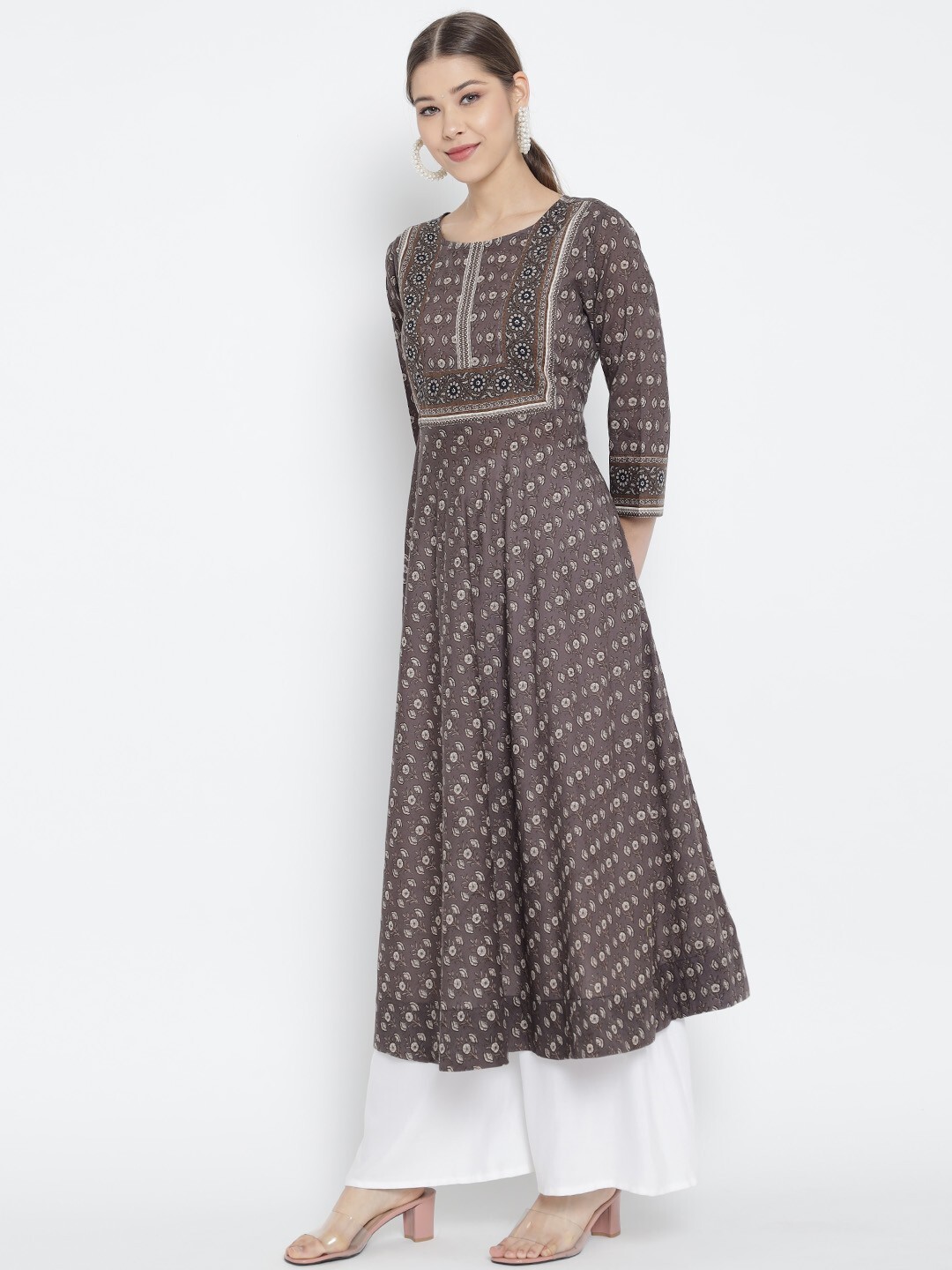 YASH GALLERY Women’s Cotton Floral Printed Grey Anarkali Kurti
