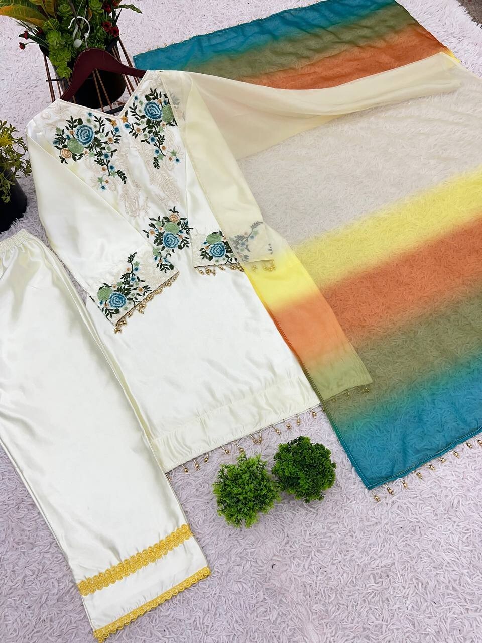 Off White Moss Satin Embroidered Top & Farsi Pant Suit , Stitched Sizes M-XXL