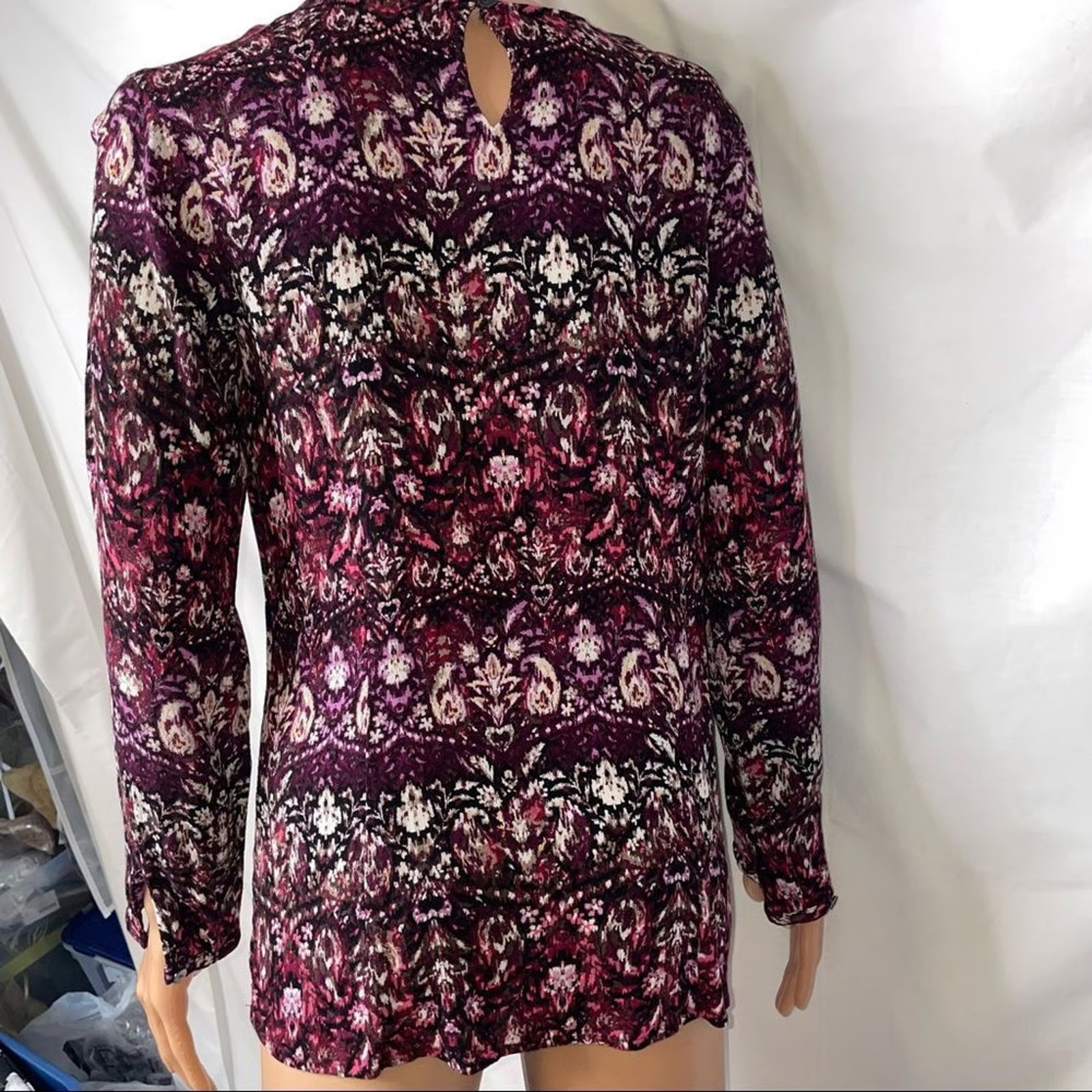 J. Jill top blouse floral/paisley ruched waist maroon long sleeve shirt SZ Sm