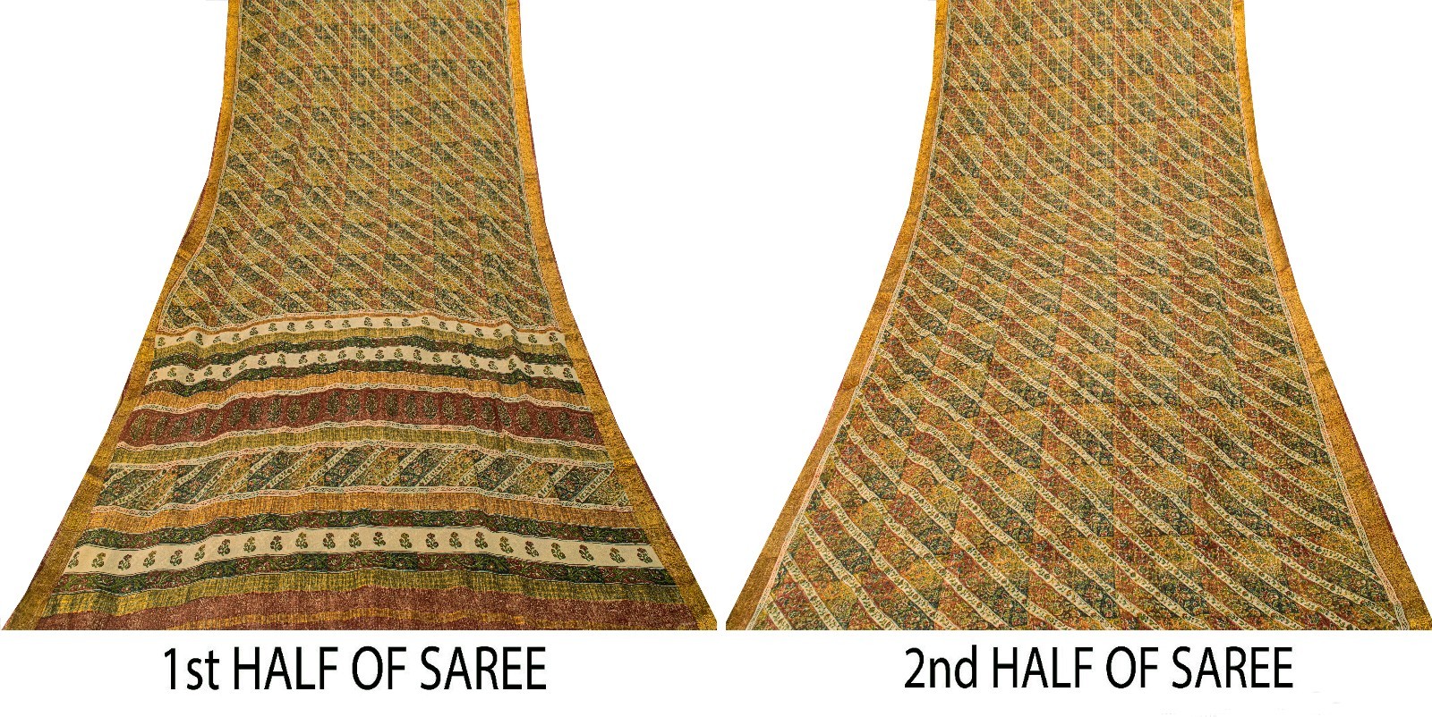 Sanskriti Vintage Yellow-Green Pure Georgette Silk Saree Floral Block Print 6 Yd