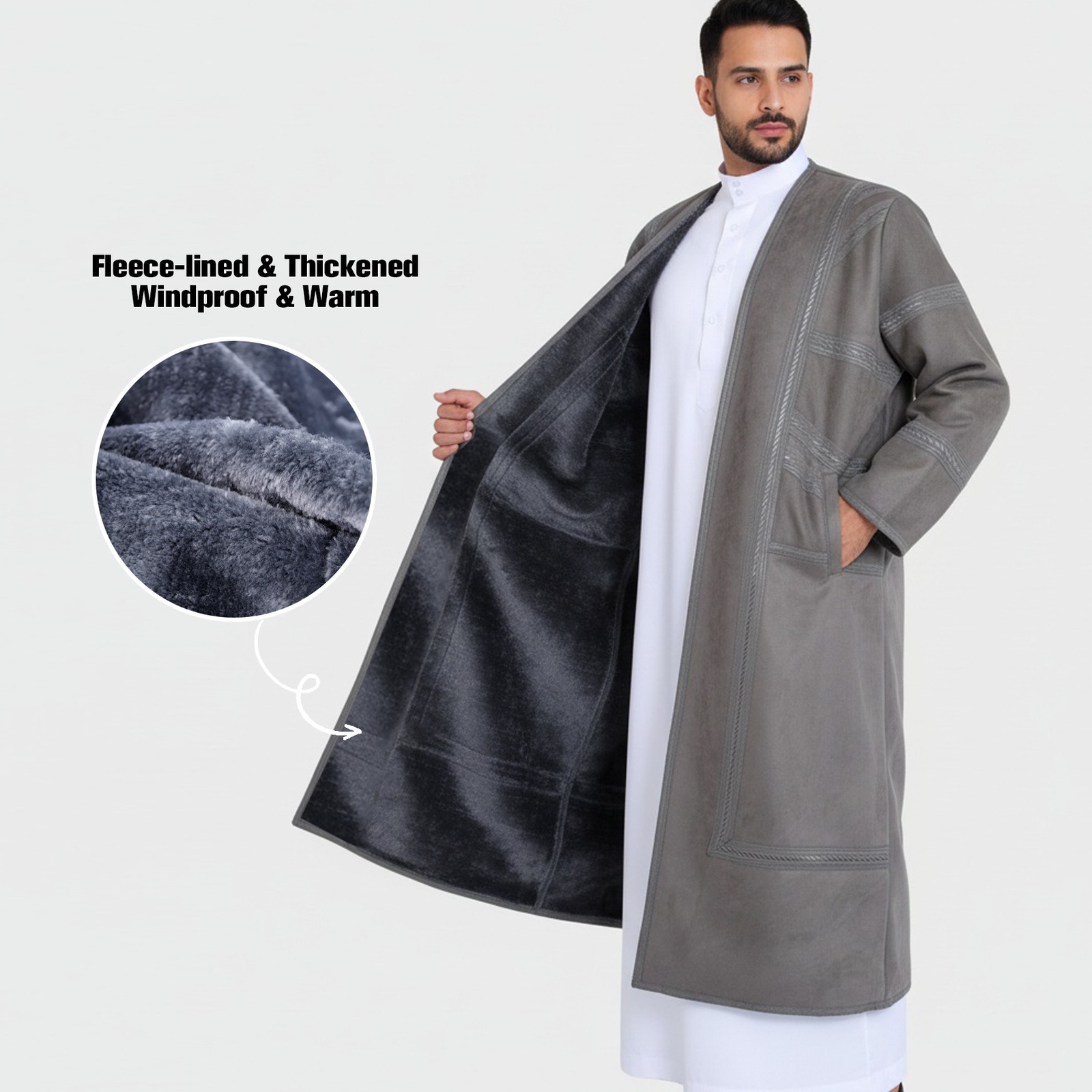 Arab Mens Winter Long Robe Saudi Suede Warm Thobe Dishdasha Thoub Prayer Kaftan